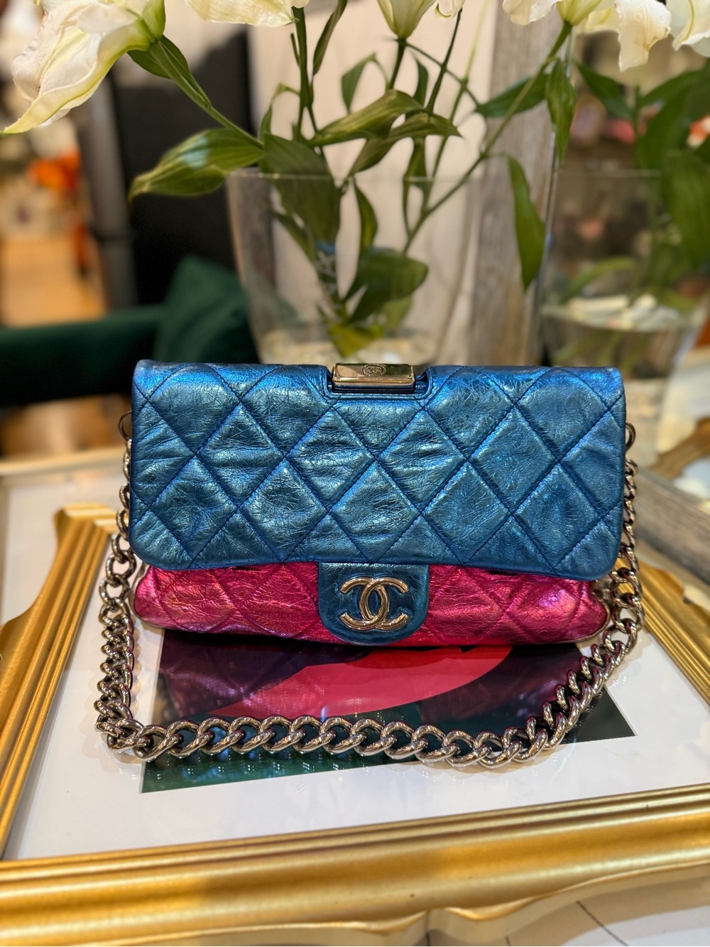 CHANEL Metallic Blue and Pink Quilted Flap Crossbody Bag - Picture 2 of 16